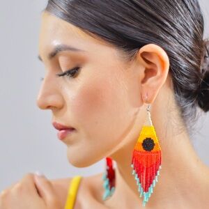 Handmade Bohemian Sunset Beaded Dangle Drop Earrings – Festival Party Statement
